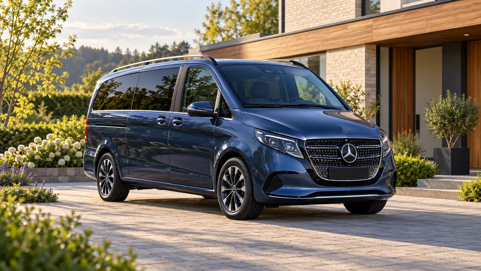Blaue Mercedes-Benz V-Klasse vor einem Wohnhaus.