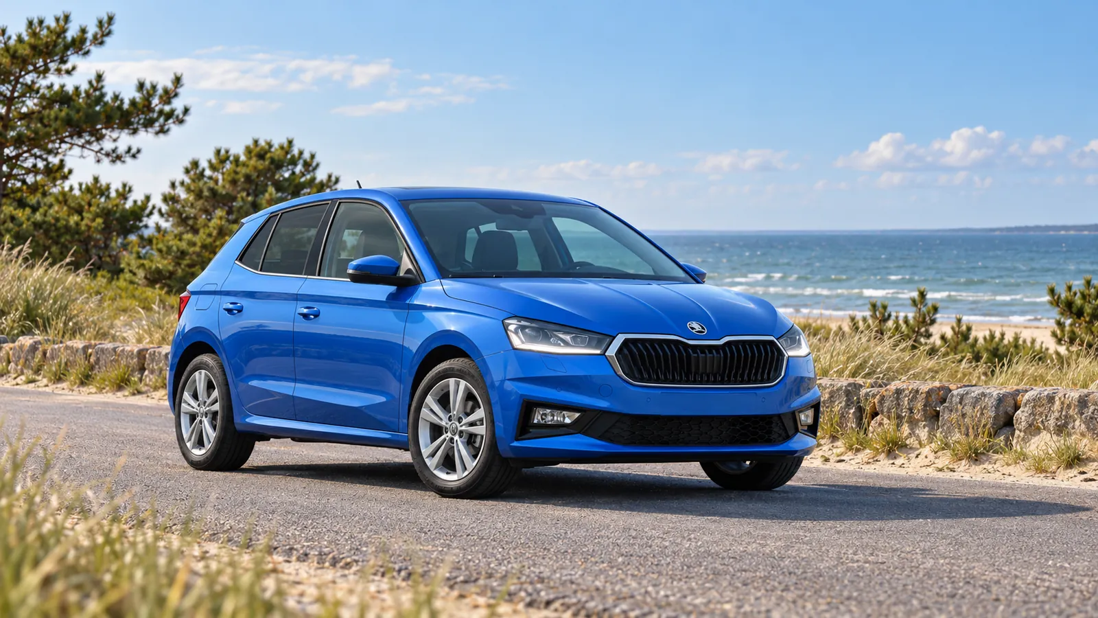 Blauer Škoda Fabia an der Küste.