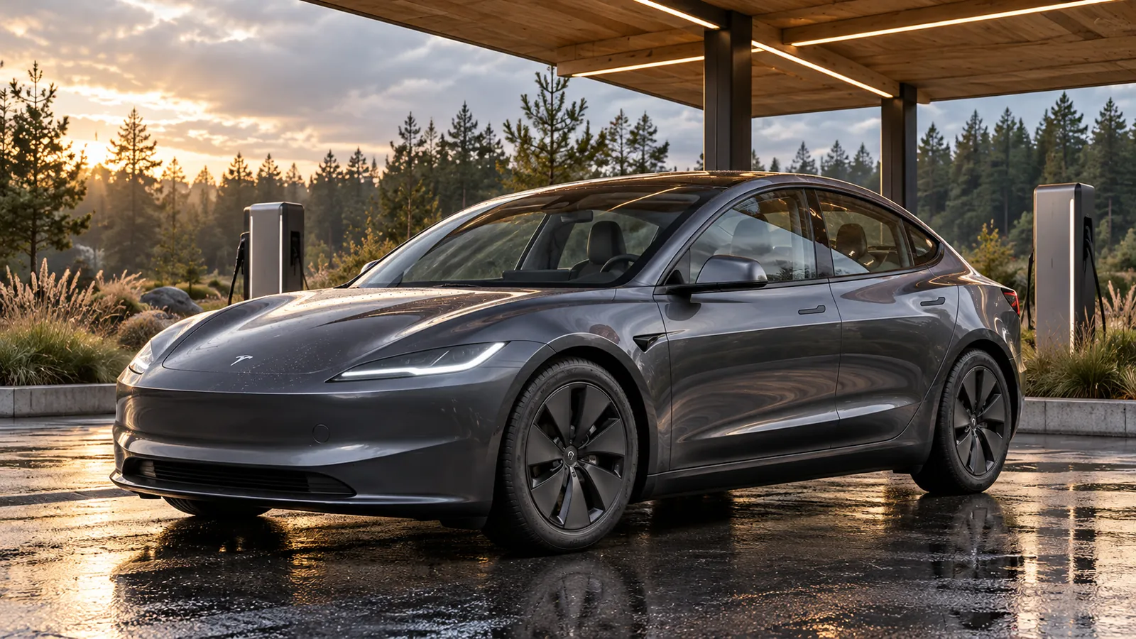 Graues Tesla Model 3 an einem Ladeplatz am Waldrand.