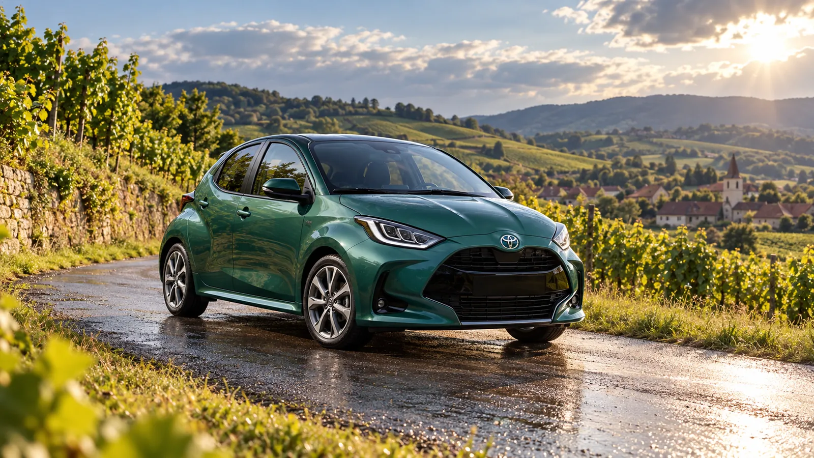 Grüner Toyota Yaris an einem Weinberg.