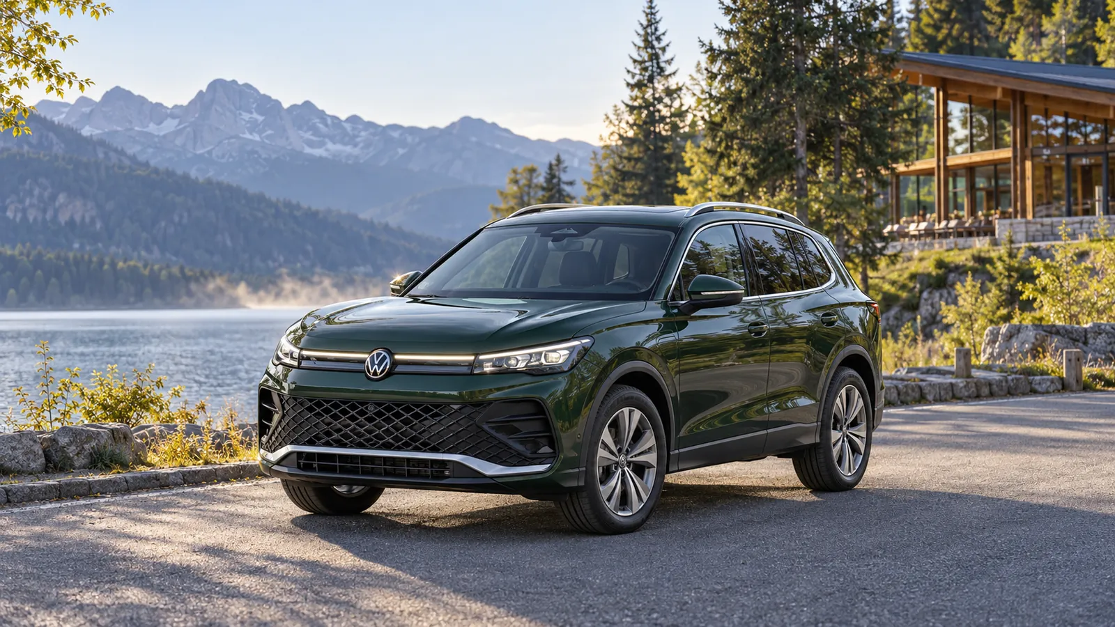 Dunkelgrüner Volkswagen Tiguan schräg von vorn an einem See.
