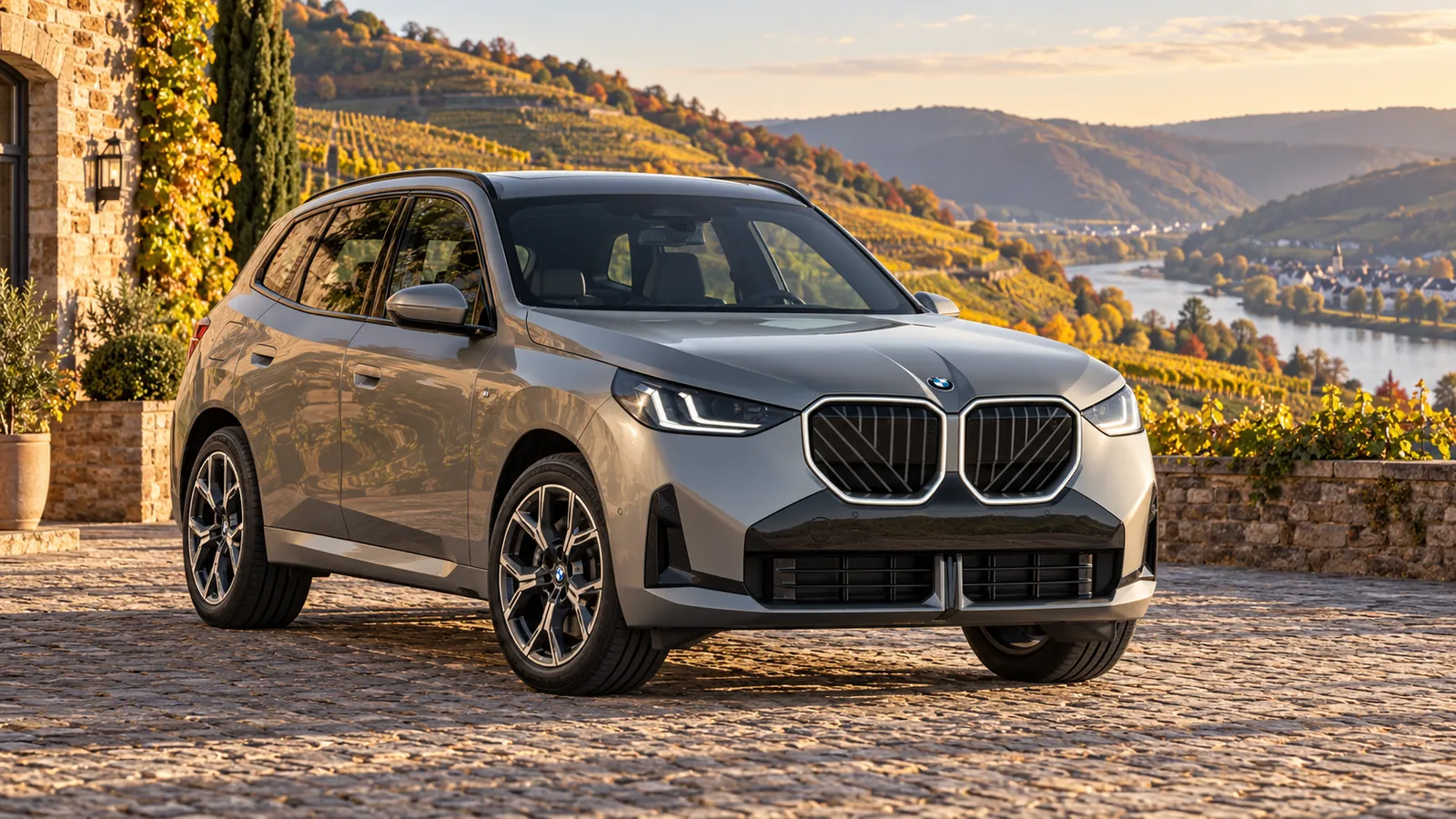Grauer BMW X3 vor einem Weingut.