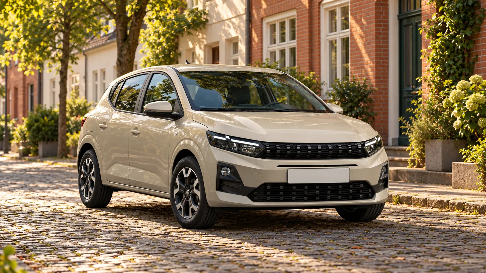 Beigefarbener Dacia Sandero an einer gepflasterten Straße.