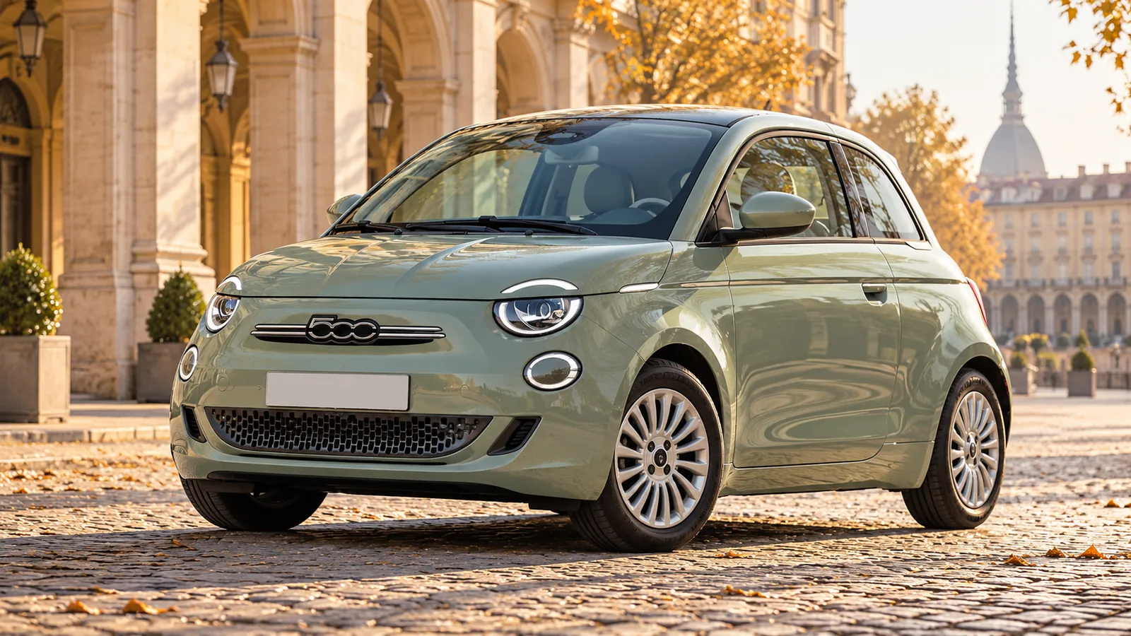 Grüner Fiat 500 Elektro vor Arkaden in Turin.