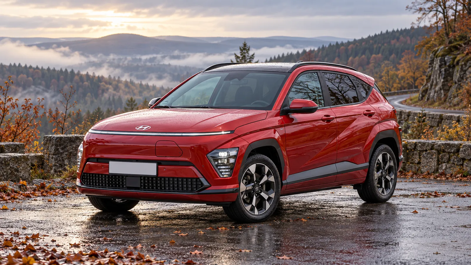 Roter Hyundai Kona Elektro an einem Aussichtspunkt im Harz.