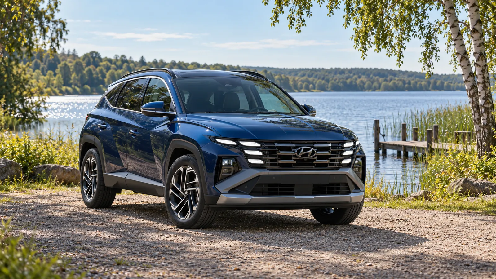 Blauer Hyundai Tucson an einem See.
