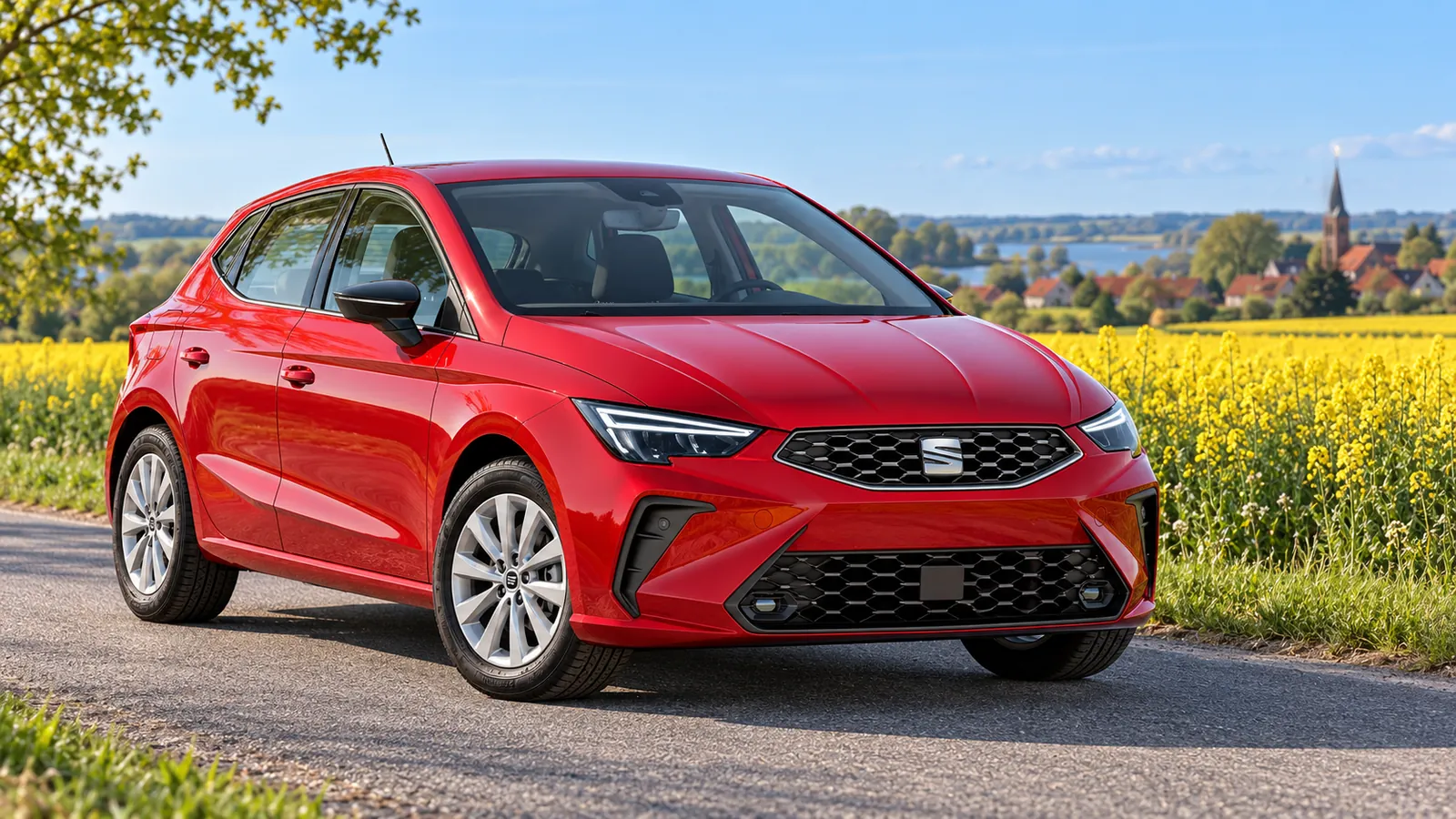 Roter SEAT Ibiza an einem Rapsfeld.