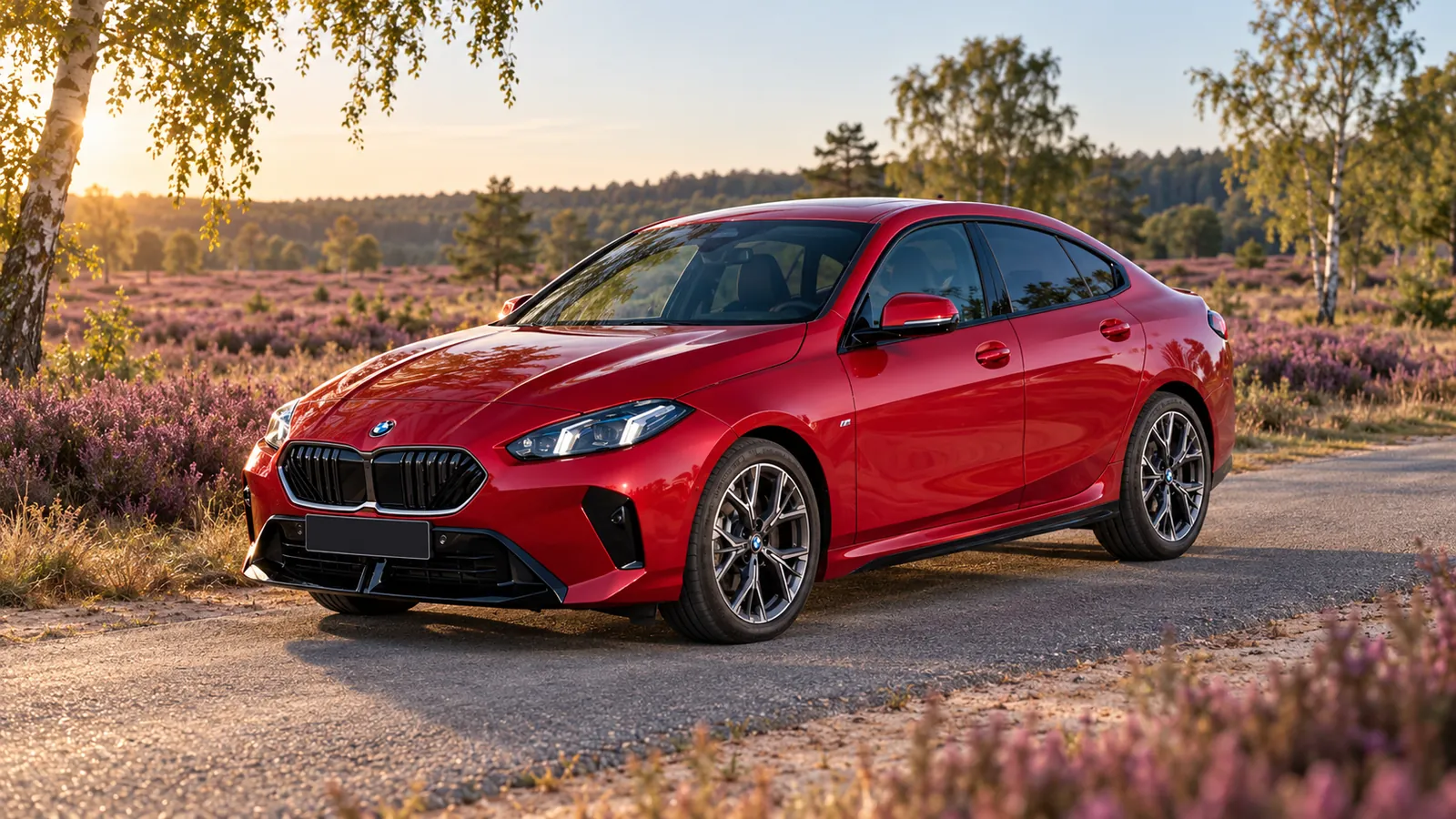 Roter BMW 2er Gran Coupé auf einer Straße zwischen blühender Heide.