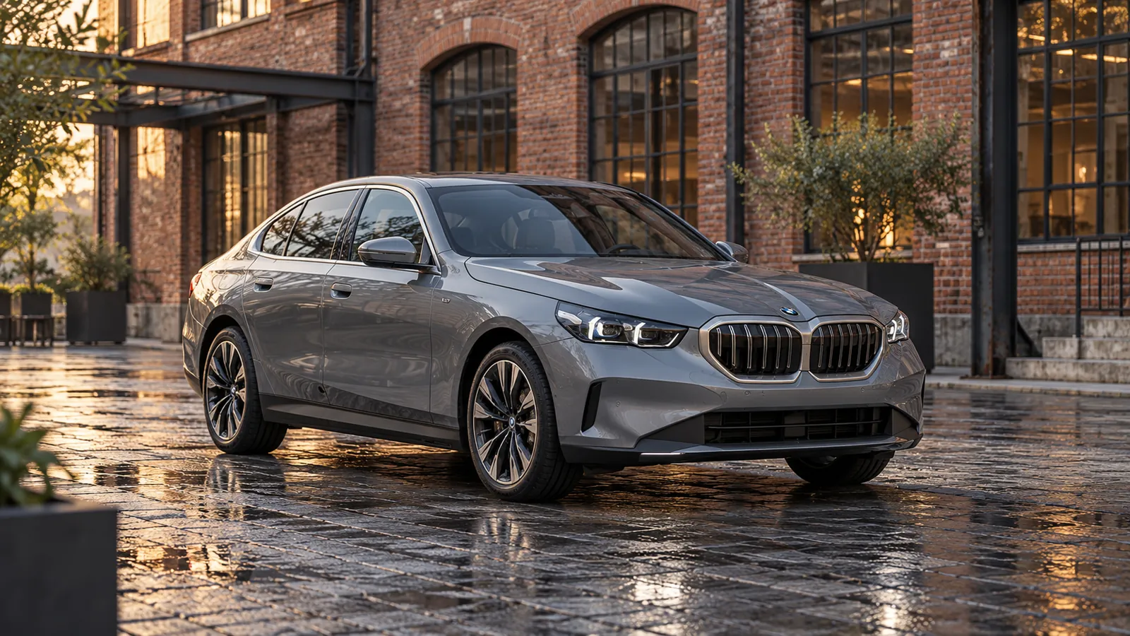 Grauer BMW 5er vor einem Backsteingebäude.