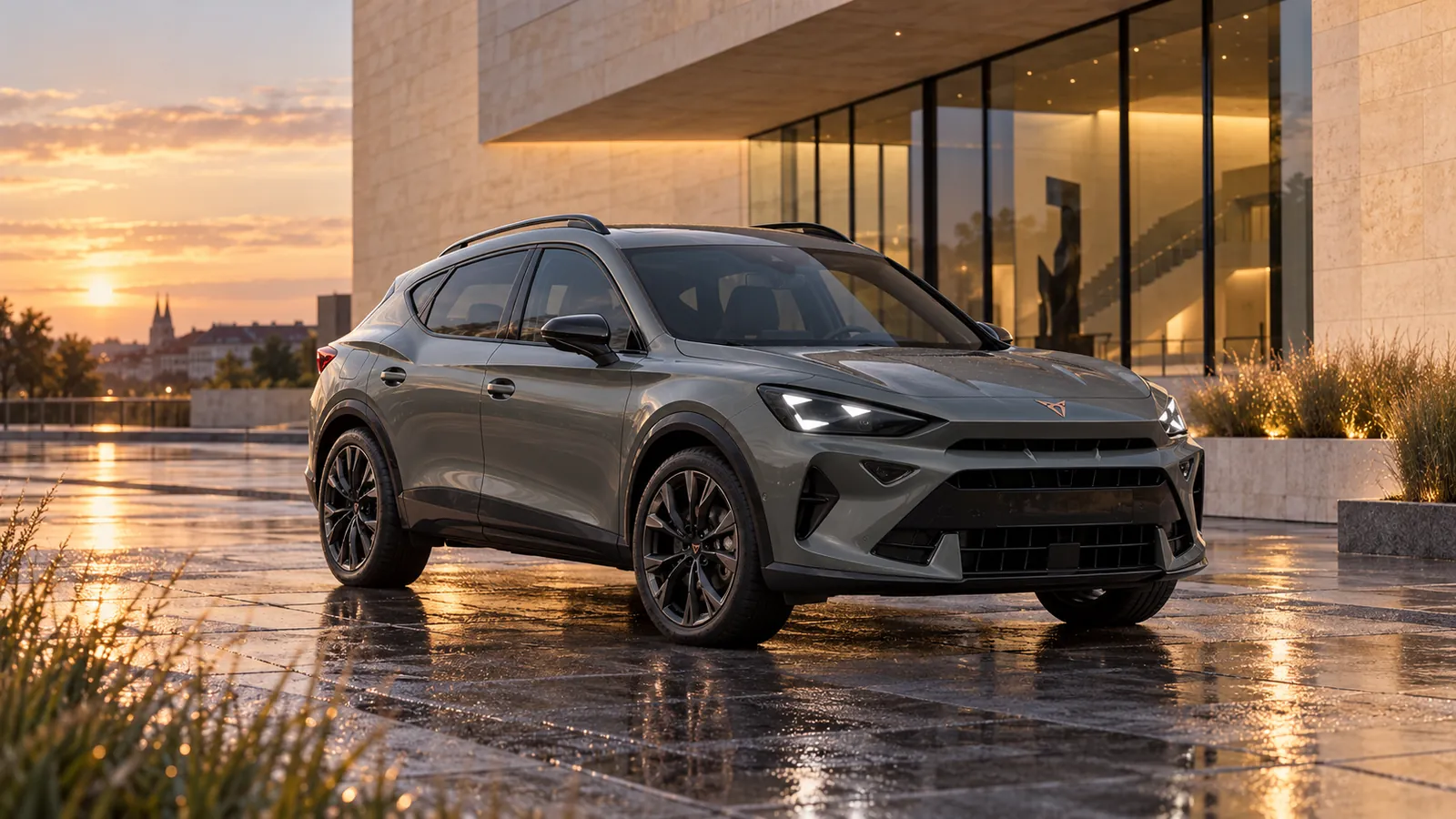Grauer CUPRA Formentor vor einem modernen Gebäude.
