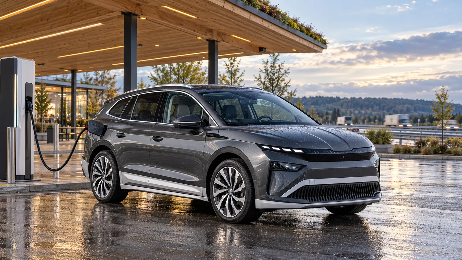 Grauer Škoda Enyaq an einer überdachten Ladesäule.