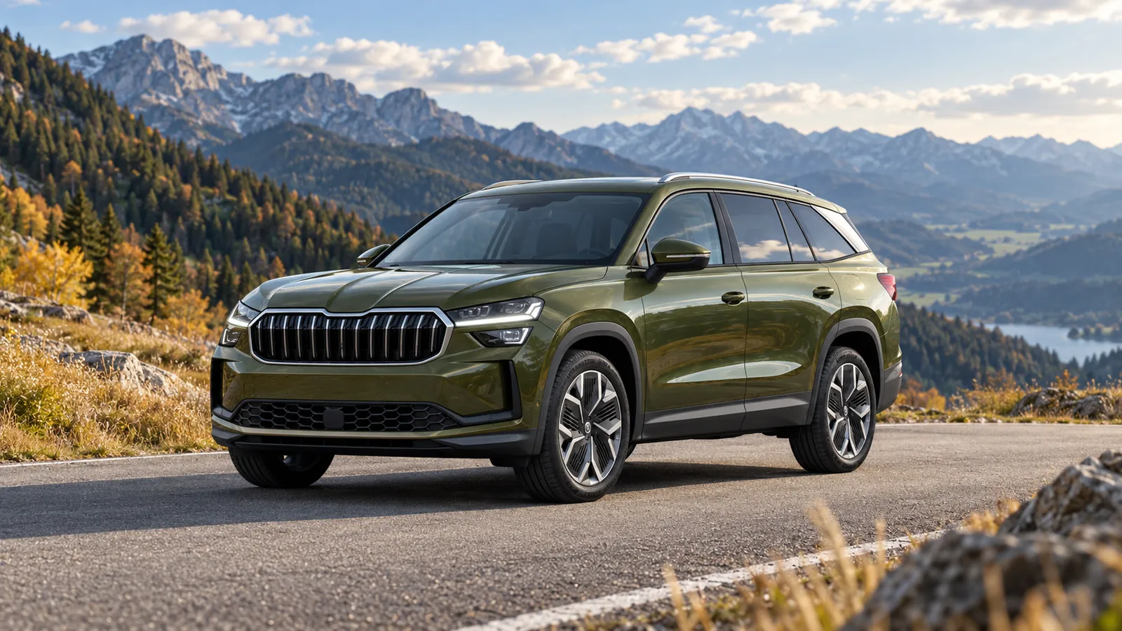 Grüner Škoda Kodiaq an einer Passstraße in den Bergen.