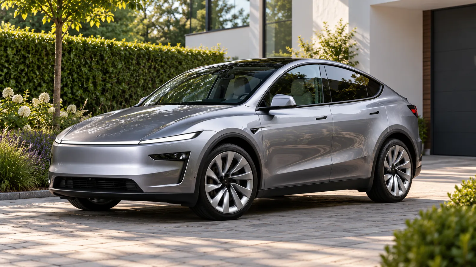 Silberner Tesla Model Y vor einem Wohnhaus.