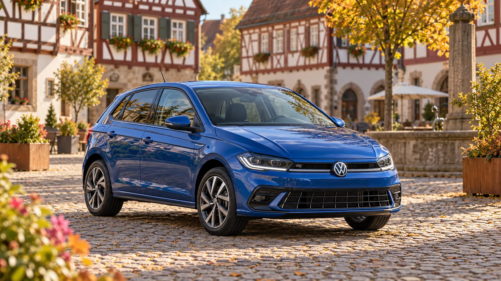 Blauer Volkswagen Polo auf einem Platz mit Fachwerkhäusern.