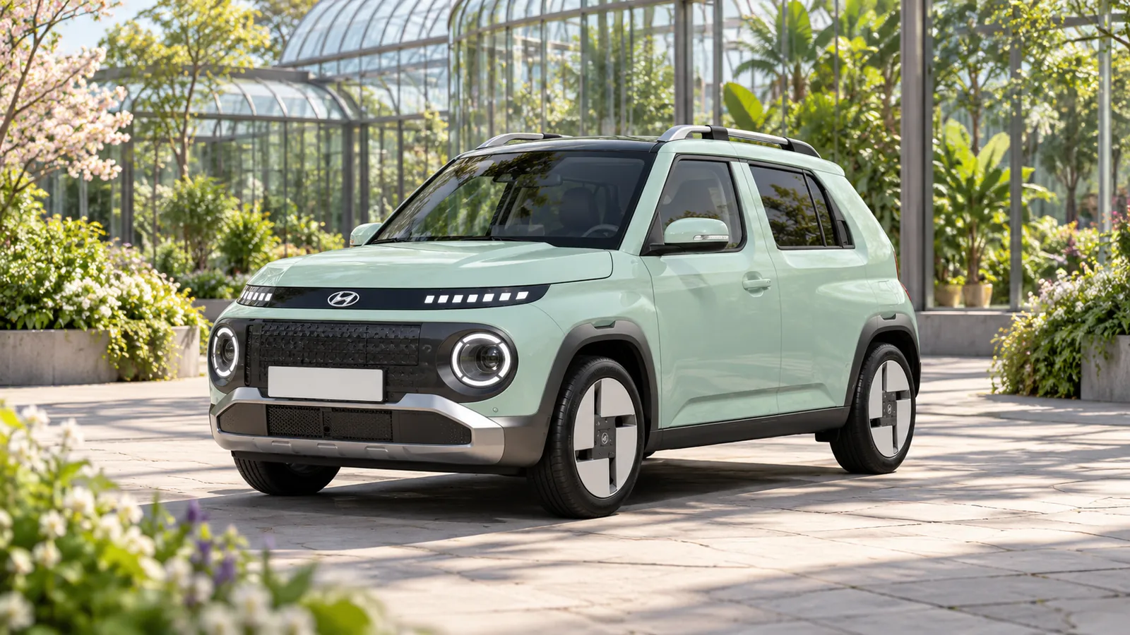 Mintgrüner Hyundai Inster vor einem Gewächshaus.