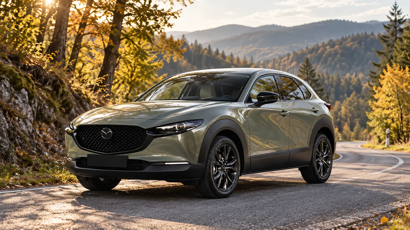 Graugrüner Mazda CX-30 an einer kurvigen Straße im Wald.