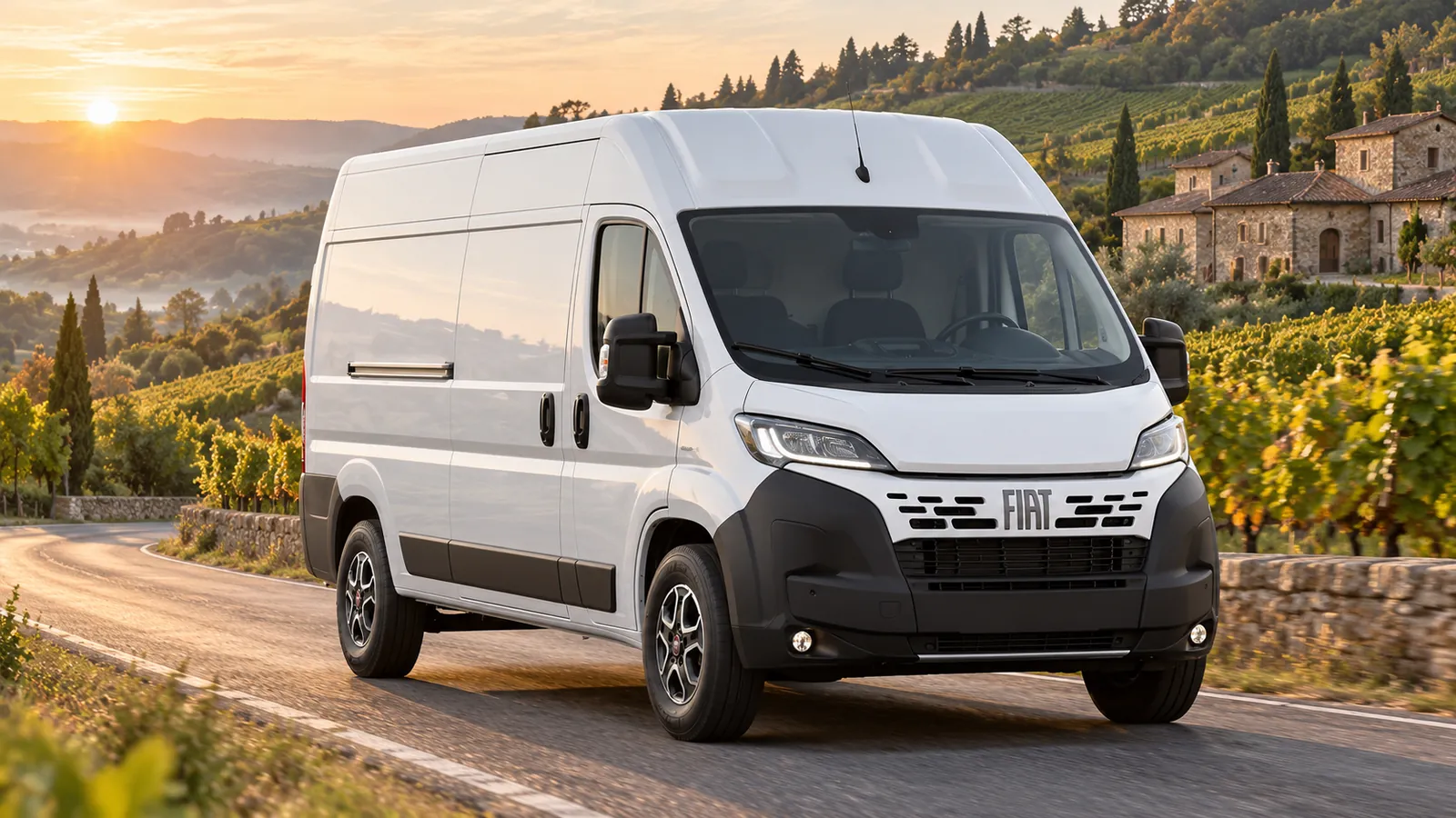 Weißer Fiat Ducato auf einer Straße zwischen Weinbergen.