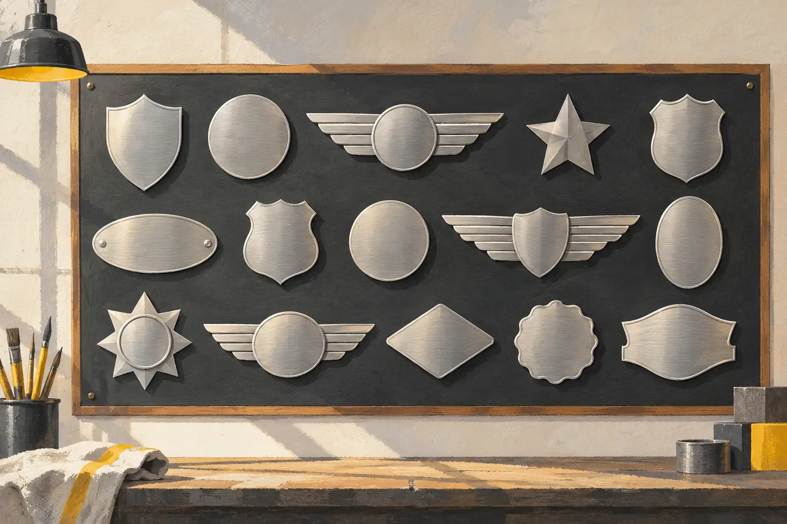 Werkstattwand mit Metallemblemen in vielen Formen: Schilde, runde und ovale Plaketten, Flügel und Sterne.